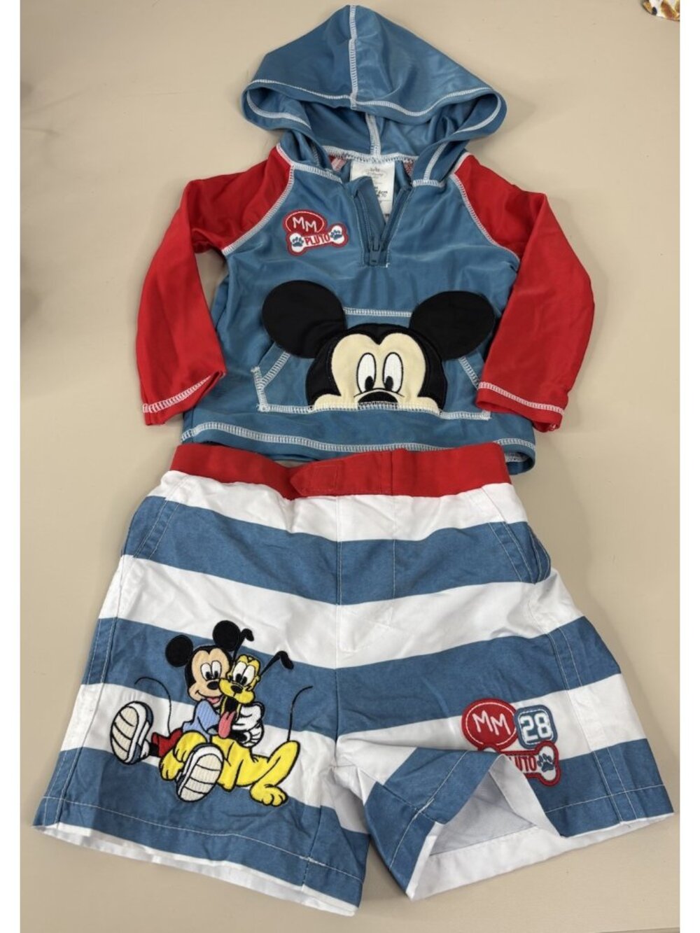 Disney Mickey Baby 6-9 M Boys Swim Set (Hooded Long Sleeve Top & Trunks) EUC